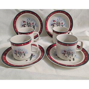 Vintage Royal Seasons Christmas Snowman 4 Mugs and Saucers Set